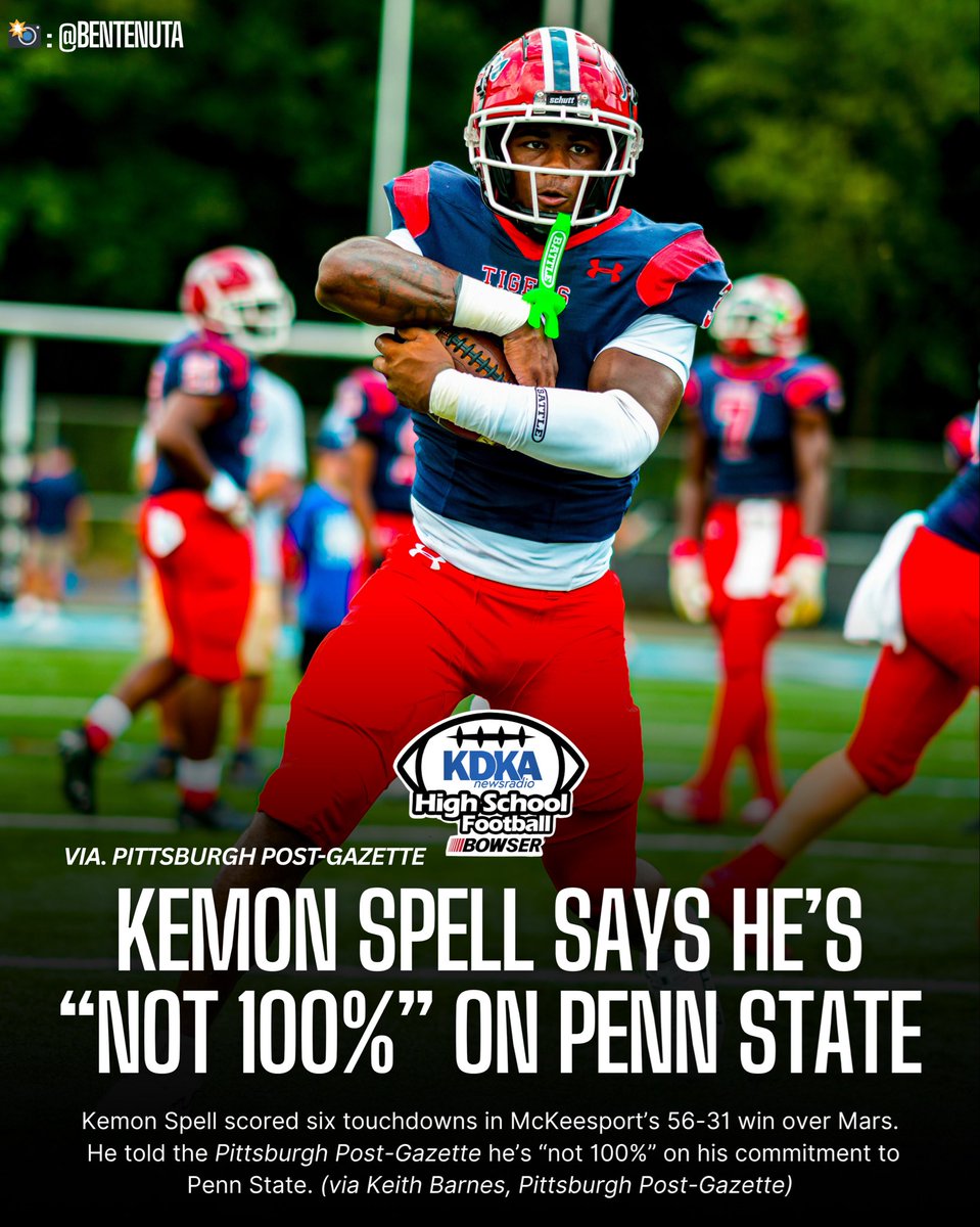 KDKARadio's tweet image. Kemon Spell scored six touchdowns in McKeesport’s 56-31 win over Mars.
He told the Pittsburgh Post-Gazette he’s “not 100%” on his commitment to Penn State.
(via @KBarnes_PG , @PittsburghPG )
#KDKAFridayNightLights #PowerOfBowser #WPIAL