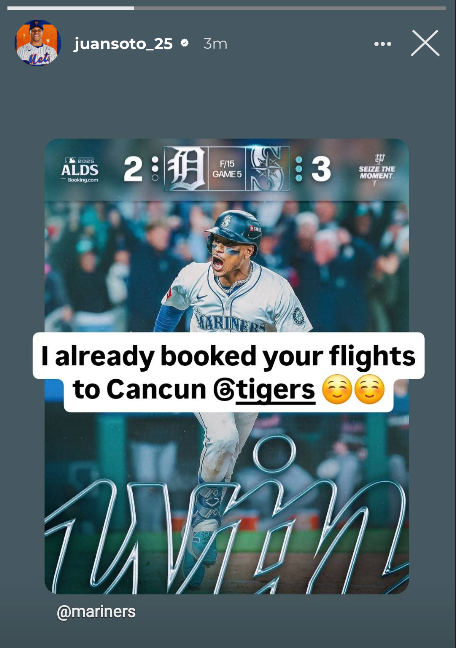 MLBNutwork's tweet photo. Juan Soto added this to his story a few minutes ago.

He took the liberty of buying every Detroit Tigers player a ticket to Cancun after their loss to the Seattle Mariners.

Heartwarming. ❤️

#RepDetroit #BuiltForOctober #SotoShuffle https://t.co/AcGyFFFa2h
