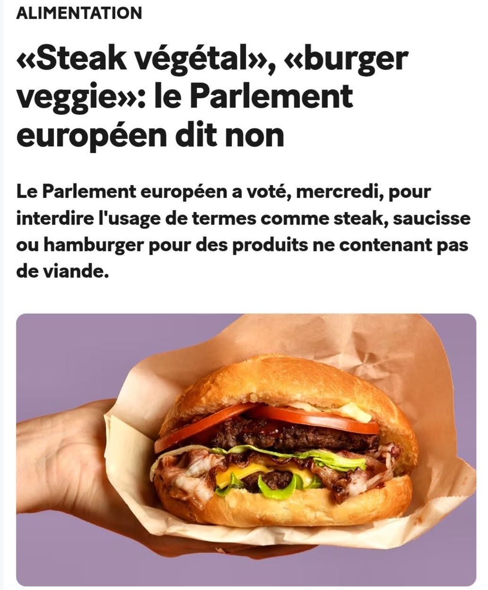 l’Europe est sauvée : on ne risquera plus de confondre un steak de pois chiche avec une entrecôte. 🙄
Le Parlement européen dit non à « steak végétal » et « burger veggie ». Thanks Jérémy Decerle ! <a href="/Fragritwittos/">FranceAgritwittos♥️</a> #ceuxquifontlaviande