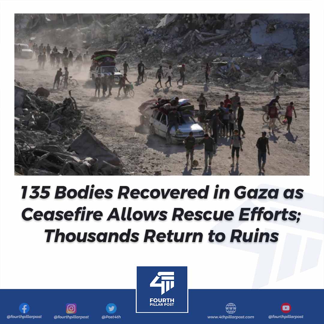 Post4th's tweet image. As Israel’s ceasefire takes effect, rescue teams recover 135 Palestinian bodies from Gaza’s rubble. Thousands of displaced families return to the ruins of their homes — a painful yet defiant act of hope. 
#GazaCeasefire #Palestine #WarCrimes 
Read more: 4thpillarpost.com