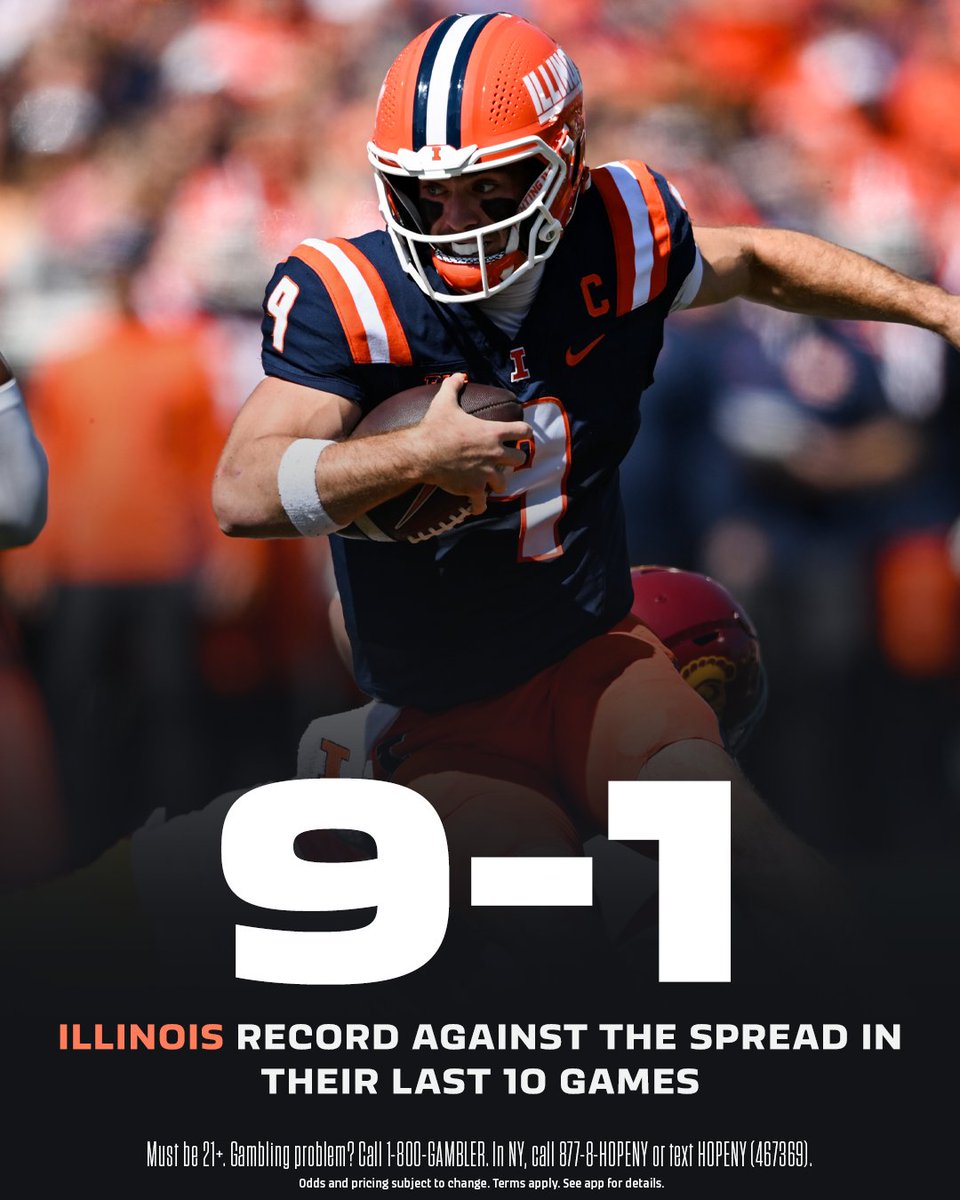 ESPNBET's tweet image. Illinois (+15.5) is 9-1 against the spread in their last 10 games! 👀