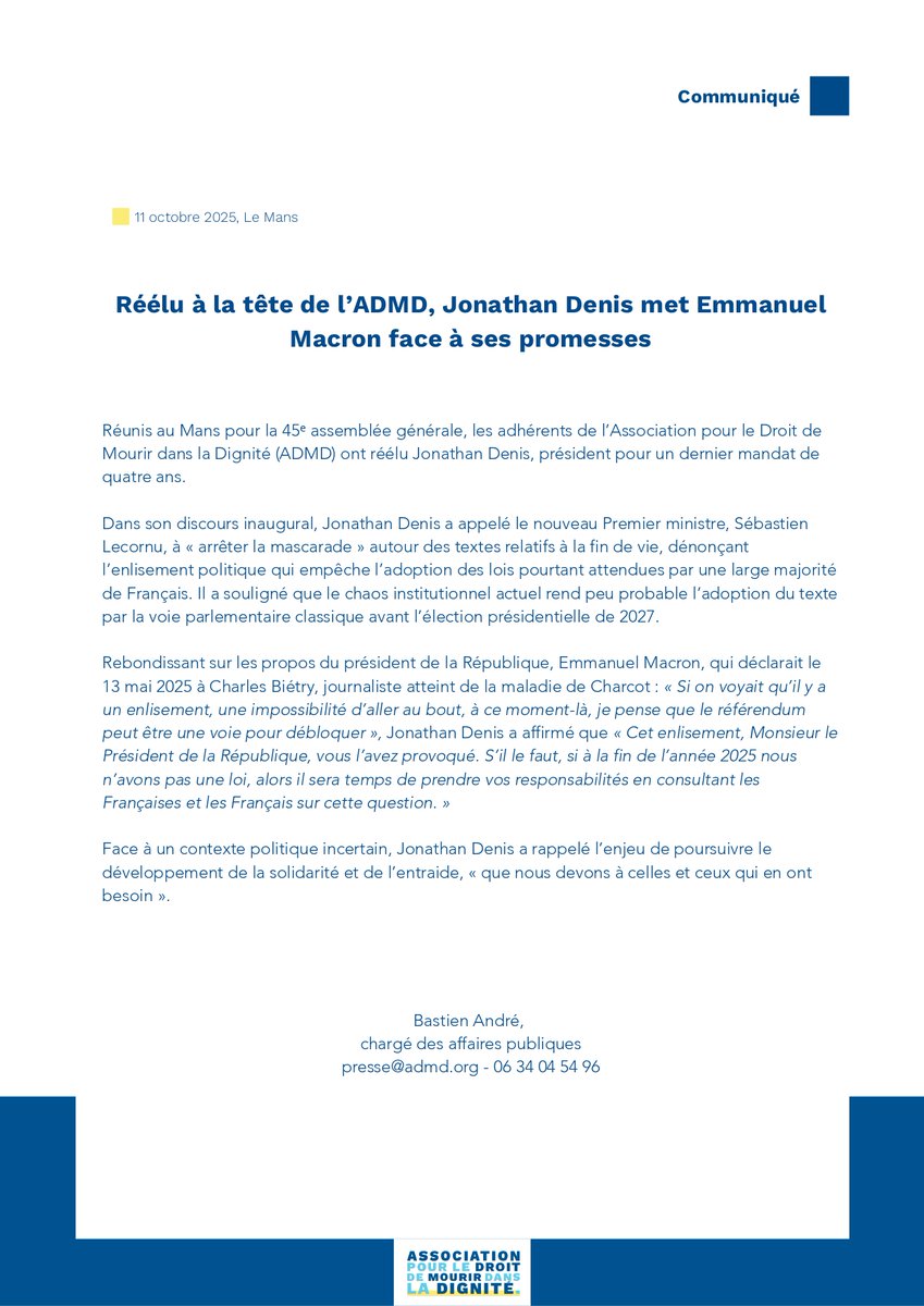 CP - Réélu à la tête de l'Association pour le Droit de Mourir dans la Dignité, <a href="/JonathanDenis/">Jonathan Denis</a> met <a href="/EmmanuelMacron/">Emmanuel Macron</a> face à ses promesses.
#Admd45Ag #Politique #Santé #FindeVie