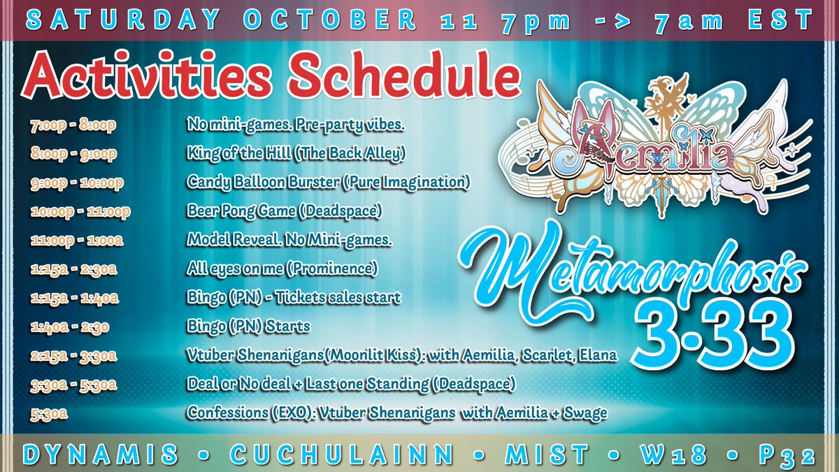 Aemilia 🦋🎵 (@aemiliasatella) on Twitter photo 🦋METAMORPHOSIS 3.33 TODAY 🦋
DON’T MISS THIS EPIC FFXIV PARTY!!!
So many amazing venues and communities coming together! 
Event runs 7pm-7am officially. I’m live on Twitch Front Page from 11pm-7am. Can’t wait! 🦋METAMORPHOSIS 3.33 TODAY 🦋
DON’T MISS THIS EPIC FFXIV PARTY!!!
So many amazing venues and communities coming together! 
Event runs 7pm-7am officially. I’m live on Twitch Front Page from 11pm-7am. Can’t wait!