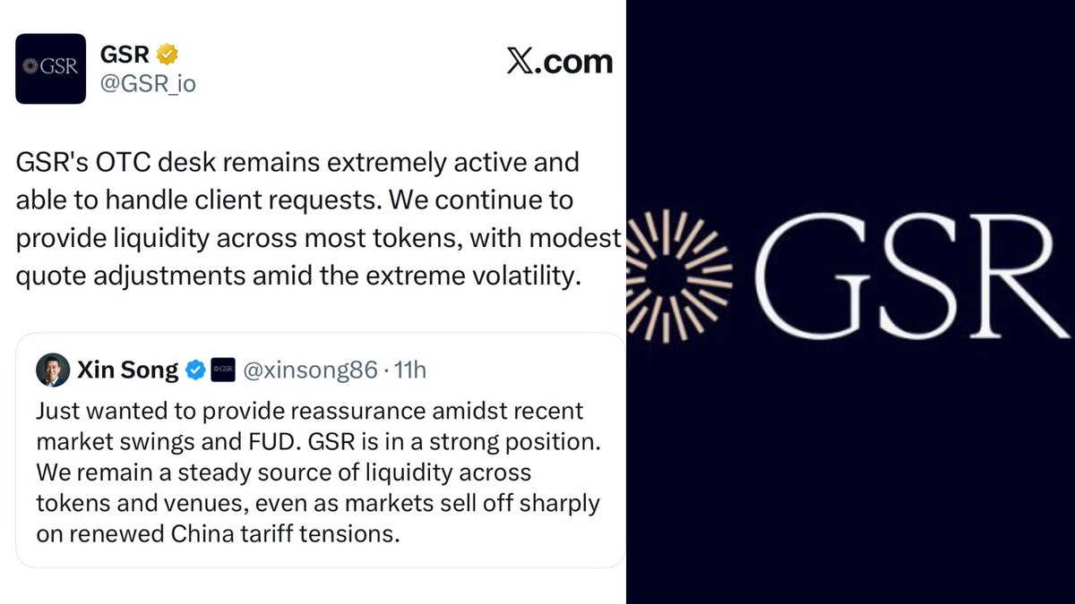 DegenerateNews's tweet image. NEW: GSR SAYS ITS “OTC DESK REMAINS EXTREMELY ACTIVE AND ABLE TO HANDLE CLIENT REQUESTS” - “WE CONTINUE TO PROVIDE LIQUIDITY ACROSS MOST TOKENS, WITH MODEST QUOTE ADJUSTMENTS AMID THE EXTREME VOLATILITY”