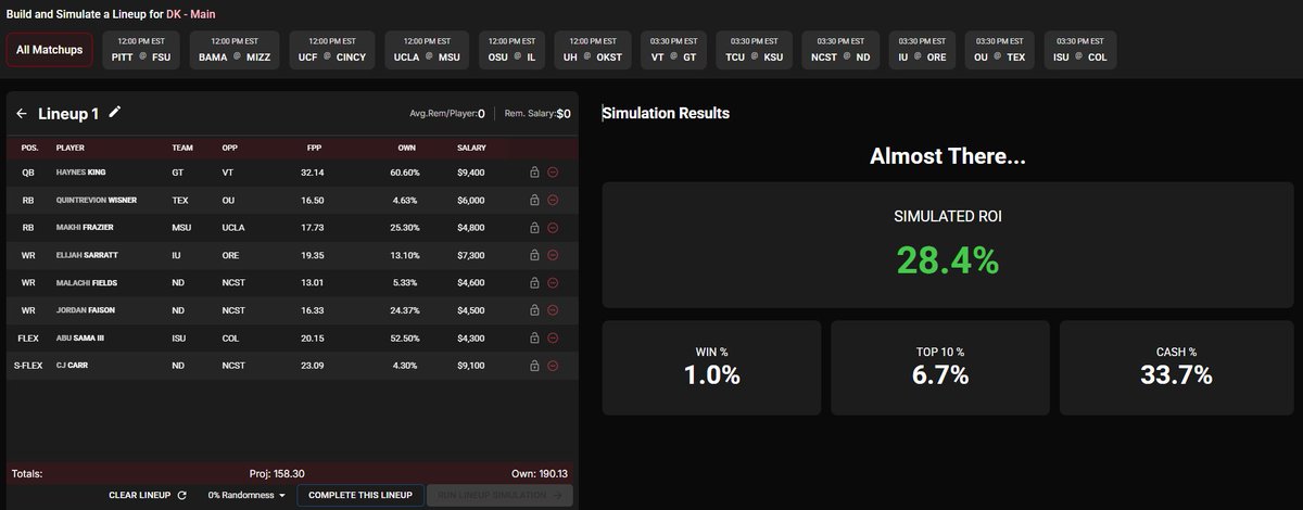 CeeGeeDFS's tweet image. I just ran the sims and this was one of my Top ROI% Lineup for 12pm CFB DFS on Draftkings

QB - Haynes King
RB - Quintrevion Wisner
RB - Makhi Frazier
WR - Elijah Sarratt
WR - Malachi Fields
WR - Jordan Faison
FLEX - Abu Sama III
S-FLEX - CJ Carr

👉bit.ly/48pCNRH