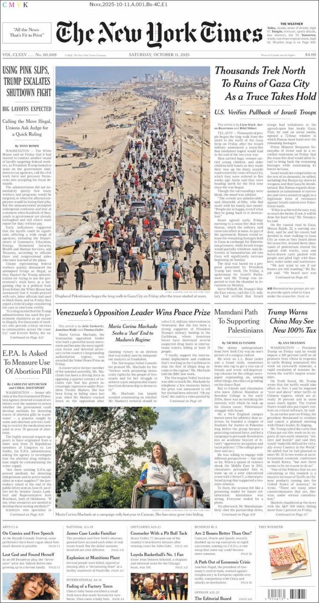 DIFUNDELOYA's tweet image. 🚨 ¡ÚLTIMA HORA VENEZUELA! 🚨🇻🇪

LO ÚLTIMO 🚨 La Líder de Venezuela y Nobel de la Paz María Corina Machado en la portada del New York Times.
