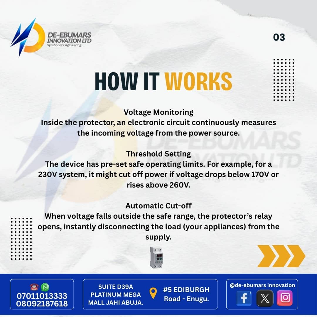 DeEbumars's tweet image. Don’t let unstable power ruin your appliances.
A voltage protector monitors and regulates incoming current, cutting off supply when voltage goes beyond safe limits. Smart protection for every home and office.
#VoltageProtector #PowerProtection #ElectricalSafety