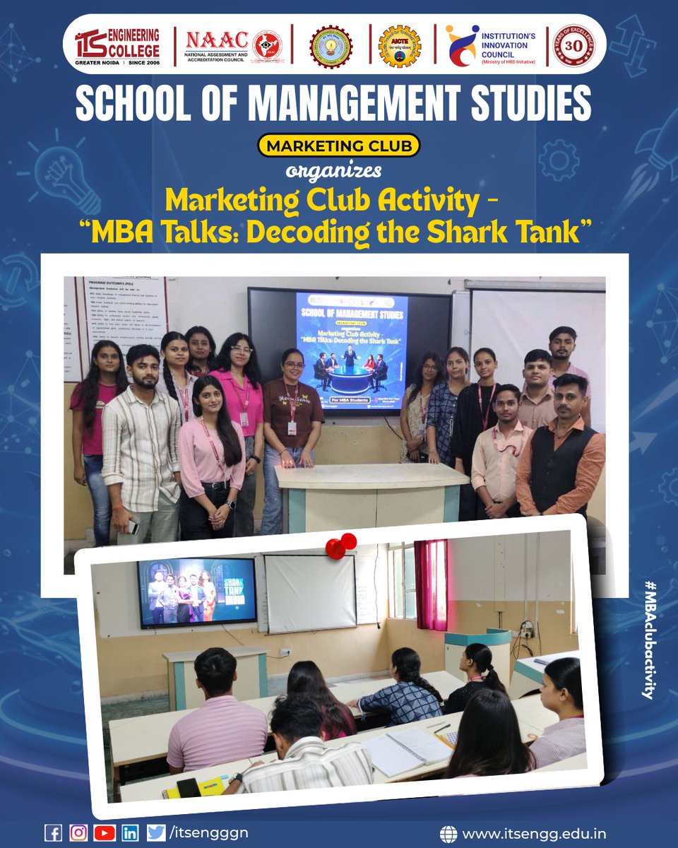 ITSEngggn's tweet image. School of Management Studies, I.T.S Engineering College, organized “MBA Talks: Decoding The Shark Tank” to enhance entrepreneurial thinking among MBA students through real-world pitching &amp;amp; startup insights.
#MBATalks #SharkTank #Entrepreneurship #Innovation #FutureLeaders