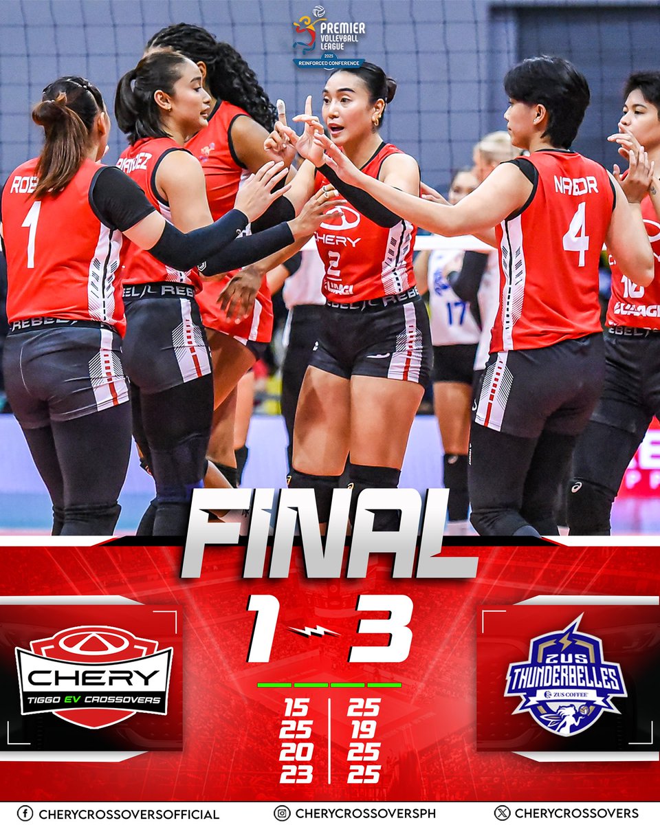 CheryCrossovers's tweet photo. FELL SHORT BUT STILL THERES STILL ROOM FOR IMPROVEMENT 😤

The  Thunderbelles defeat the EV Crossovers in 4 sets 🚗💨

#LoveYourJourney #EngineStartCHERY #CHERYonTOP #PVL2025 https://t.co/o0QGMF4gsJ