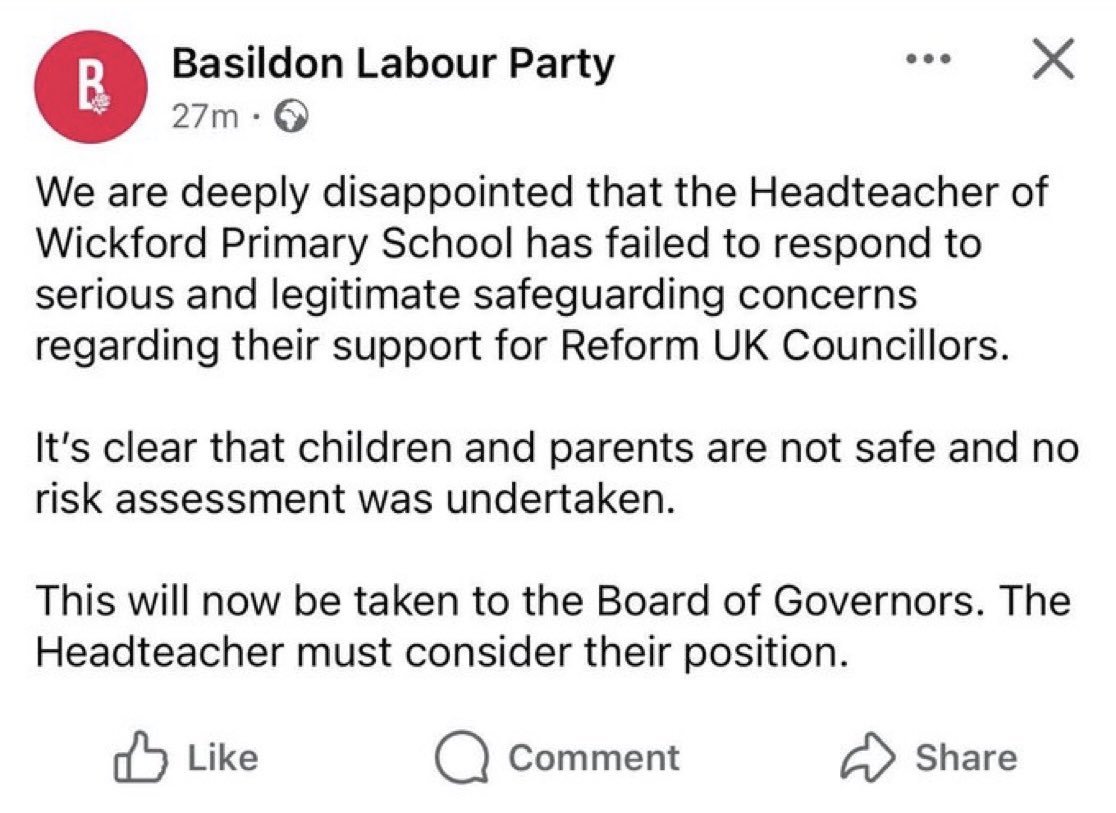 Basil_TGMD's tweet image. 🚨LABOUR PARTY THREATENS HEAD TEACHER FOR SUPPORTING REFORM

They say &apos;children and parents are not safe&apos; and there are &apos;serious and legitimate safeguarding concerns&apos;

Wow. They&apos;re posting this online as well.

Now they want him to resign

Labour are dangerous