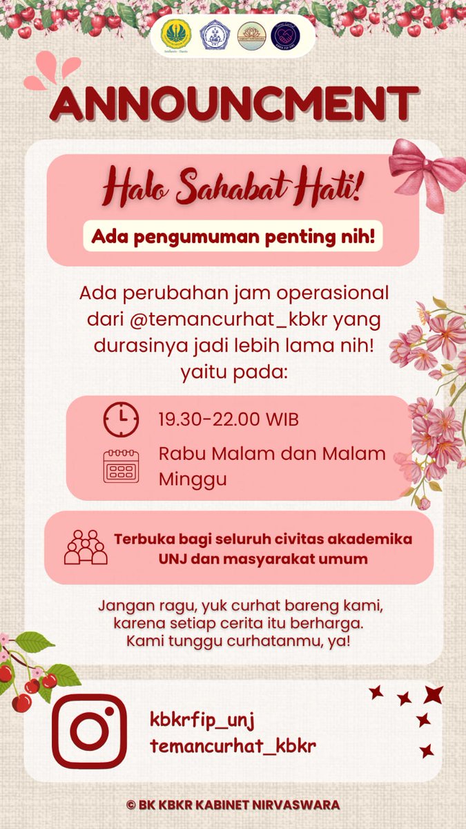 *❤[ TEMAN CURHAT KBKR ]❤*

Halo sahabat hati KBKR🤍
Bagi kalian yang bingung mau mencurahkan isi hatinya dimana, kalian bisa curhat di👇🏻

✨instagram.com/temancurhat_kb…✨

Note: 100% rahasia kalian dijamin aman! dan bagi kalian yang ingin curhat via call, bisa bangett lohh😍