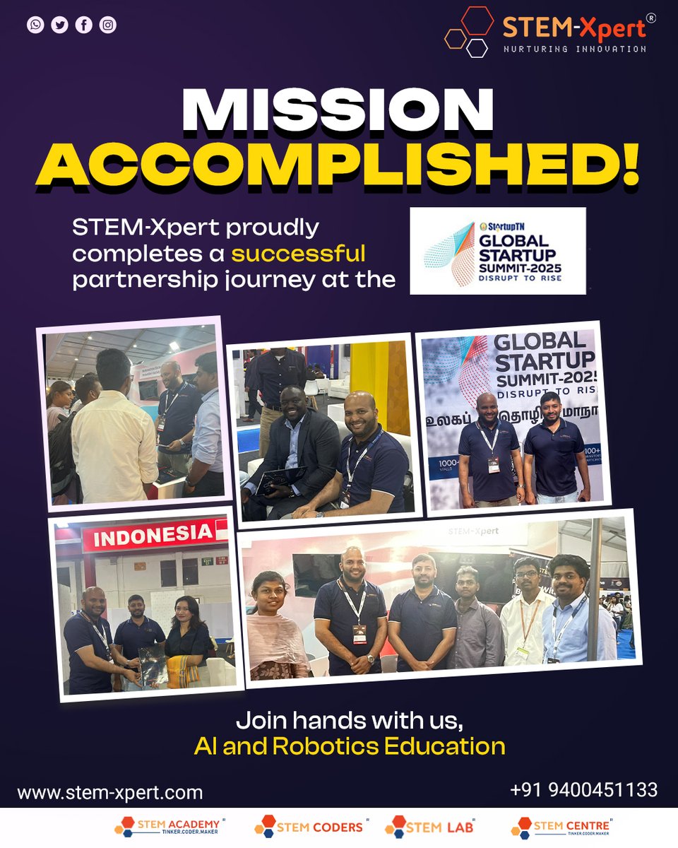 MISSION ACCOMPLISHED! STEM-Xpert sealed a major partnership journey at the Global Startup Summit 2025. We're ready to revolutionize AI and Robotics Education.
📞+91 9400451133
🌐Website: stem-xpert.com
📸Instagram: @stem_xpert
#STEMXpert #AIinEd #Robotics #Global