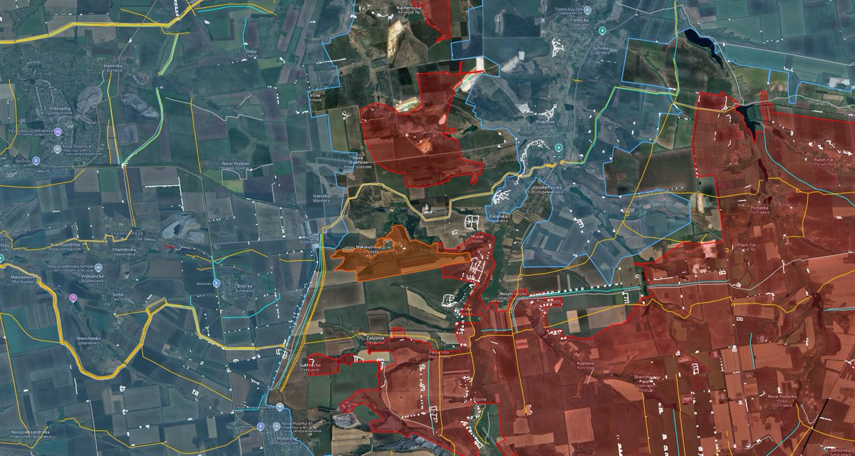 Playfra0's tweet image. Russian forces crossed the Yanchur river and advanced in Poltavka (Uspenivka - Pokrovske direction), north of Kotlyne (Pokrovsk direction) and in Nykanorivka (Dobropillia direction).
Control lines were corrected near Vyimka in Ukrainian favour.
Source: deepstatemap.live