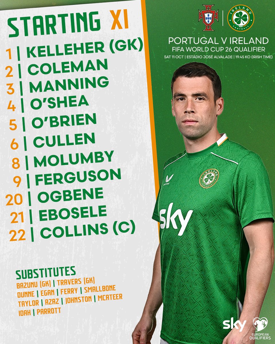 IrelandFootball's tweet image. STARTING XI | Portugal v Ireland
Seamus Coleman, Jayson Molumby and Festy Ebosele all come into the starting line-up as Ireland take on Portugal at the Estádio José Alvalade 🇮🇪
Kick-off 7.45pm, big performance needed tonight 💪