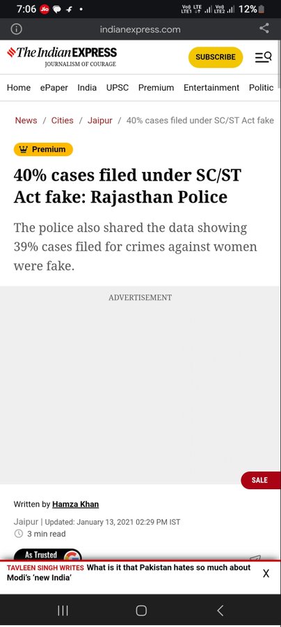 Pseudo_Prophet_'s tweet image. Rajasthan Police says that 40% of the cases filed under SC/ST act are fake.

While the official government data suggests that in most states, less than than 1% of the SC/ST cases result in conviction.

Even the Judges are upset that fake the SC/ST cases are clogging the system.