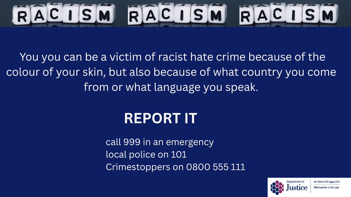 #HateCrime is a crime against a person, it may be because of their race, religious belief, sexual orientation or disability.
📢If you need advice or support visit nidirect.gov.uk/hate-crime and you’ll also find info on how to report a crime to <a href="/PoliceServiceNI/">Police Service NI</a>  #NationalHCAW.