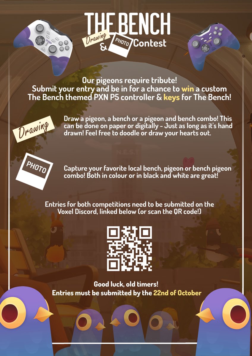 VoxelStudios_IT's tweet image. 🚨Drawing &amp;amp; Photography Competition🚨 

Our pigeons require tribute! Submit your entry, win a custom PXN P5 controller, keys for The Bench, and one submission is being added as a pigeon in game!

Interested? Here are the rules:
#indiegame #giveaway #artcompetition
