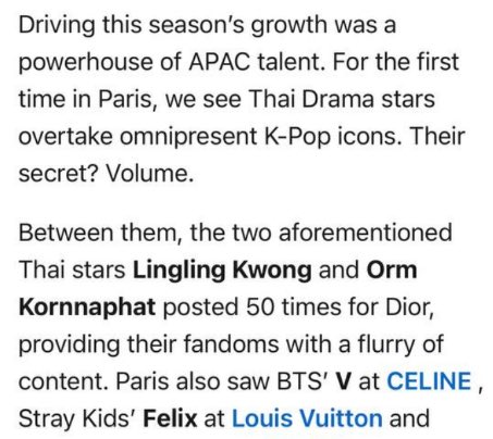 แทฮยองเป็นศิลปินที่สร้างมูลค่า EMV สูงสุดเป็นอันดับ 1 หลังปรากฏตัวในงาน Paris Fashion Week โดยสร้างรายได้ให้กับ Celine สูงถึง 13.1 ล้านเหรียญสหรัฐ จากการโพสต์ IG ส่วนตัวเพียง 2 โพสต์เท่านั้น 🤯 

ข้อมูลจาก Lefty Data และ Karla Otto สื่อที่น่าเชื่อถือและแม่นยำที่สุด