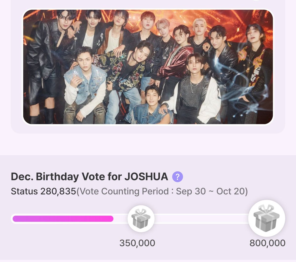 [💗IDOKI VOTING] 101125

CARATDEUL! JOSHUSHUSHUS! 
Please drop your hearts for Joshua! Let's reach 300k now! 🚨📣

STAGE 1🎯: 350,000 💗
STAGE 2🎯: 800,000💗
Current: 280,836💗
Need: 519,164 💗📣📣
📅: Oct 1 - Oct 20, 11:59PM KST
🏆Seoul Subway Station CM Board (1 month) + In-App