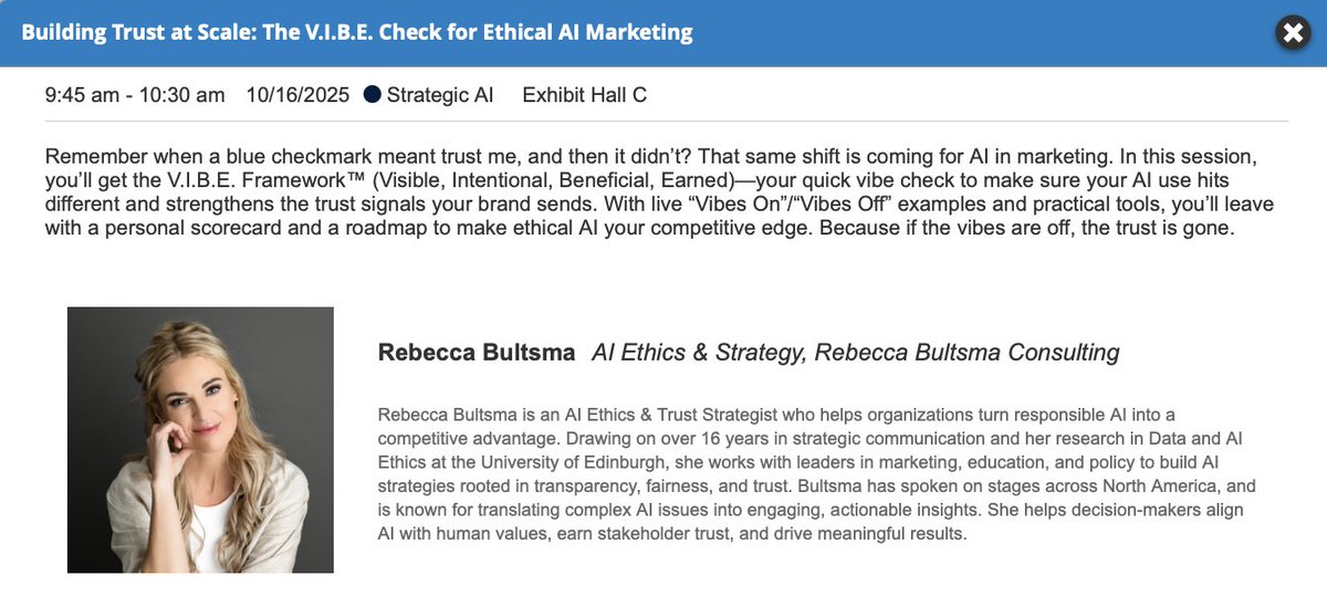 Trust is the foundation of our client relationships. We're excited to learn from <a href="/rebeccabultsma/">Rebecca Bultsma</a>  at #Maicon2025 about building trust at scale with ethical AI marketing. Let's build a trustworthy future!