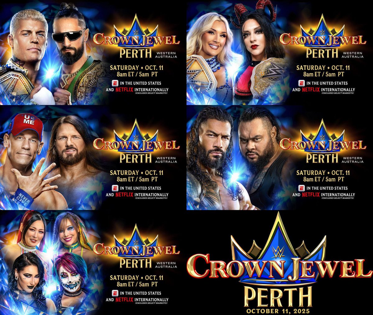 #WWECrownJewel

التوقعات مبدئياً :

- سيث رولينز

- ستيفاني فاكير

- رومان رينز

- ريا ريبلي وايو سكاي

- جون سينا