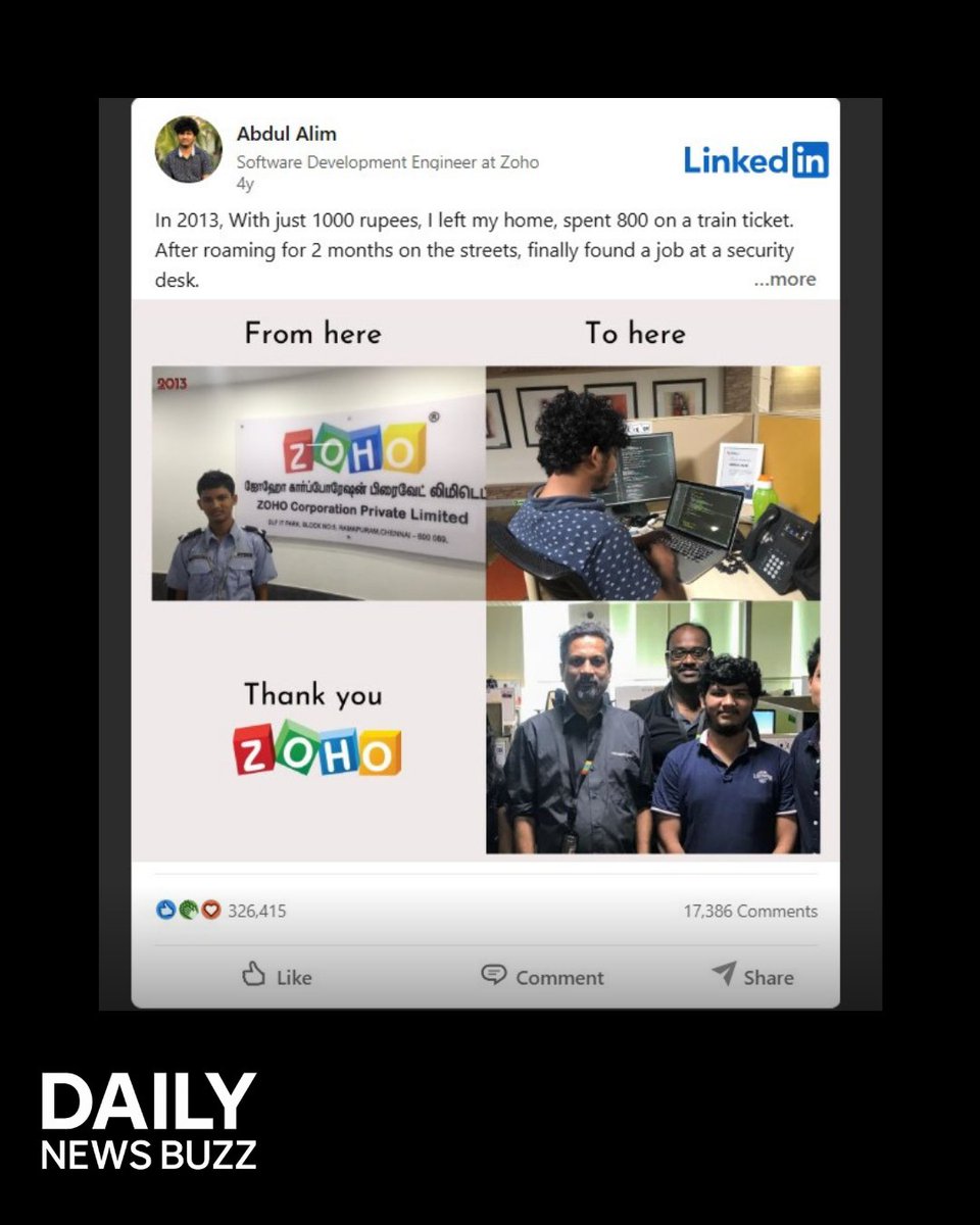 DailyNewsBuz's tweet image. Abdul Alim&apos;s journey has become an inspiration to millions of people today, proving that if the intentions are strong, any destination can be reached.

#AbdulAlim #Zoho #SofwareEngineer #Job #Inspiration