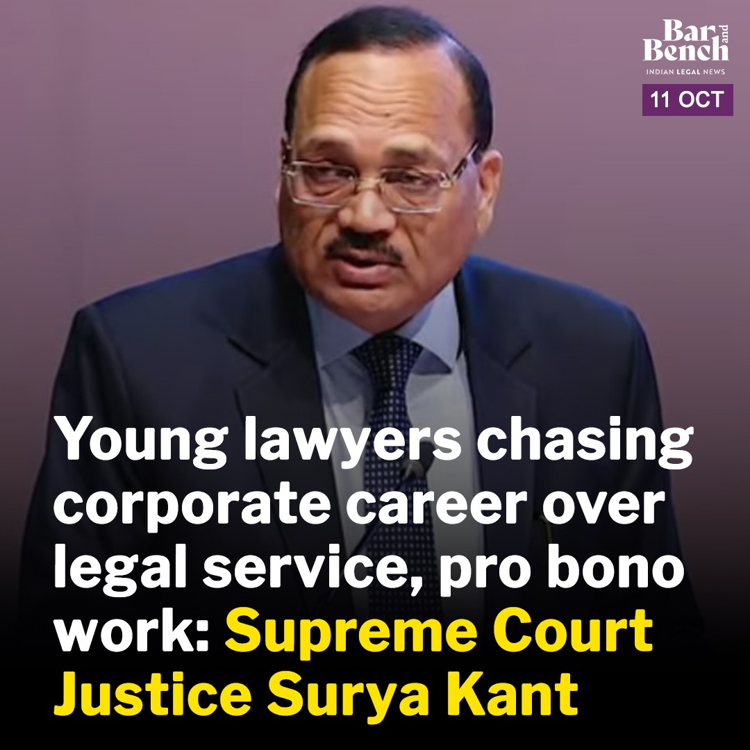 barandbench's tweet photo. Supreme Court Justice Surya Kant lamented that many talented young lawyers tend to shy away from doing pro bono and legal aid work, choosing to prioritise corporate jobs instead.

Read more: https://t.co/sLKW3CKVj2 https://t.co/RQYvcPazIX