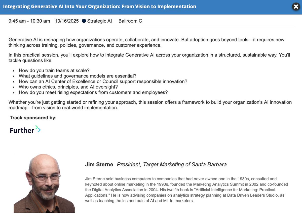 From vision to implementation, we're ready to integrate generative AI. Looking forward to <a href="/jimsterne/">Jim Sterne</a> 's session at #Maicon2025 for a roadmap to success. Let's make it happen!
