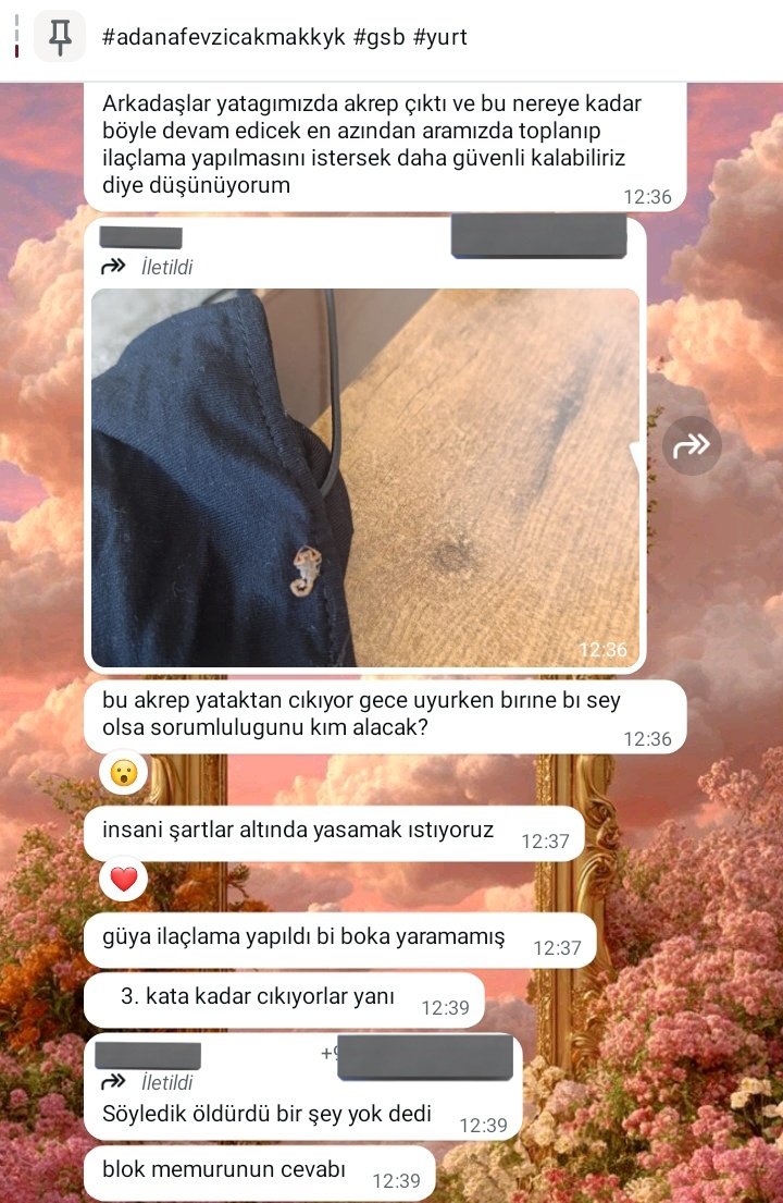 Arkadaşlarım günlerdir odalarında, yataklarında akrep buluyorlar ve binalarındaki görevliye haber verdiklerinde öldürüp bir şey yok deniyor. Sadece akrep değil bir çok böcek sorunu yaşanıyor. Yetkililerin ilgisizliği birinin hayatına mal olabilir. #adanafevzicakmakkyk #gsb #yurt