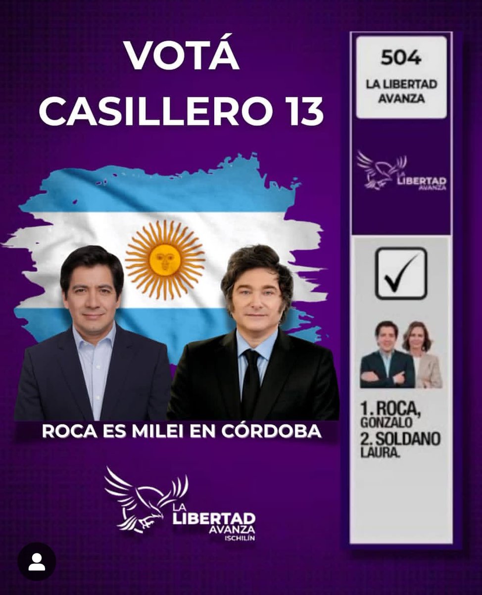 JPitSol's tweet photo. PROVINCIA DE CÓRDOBA
El 26 de Octubre votá Lista 504, casillero 13
@JMilei 
#SIAMILEI #QueElEsfuerzoValgaLaPena #yovotoLLA
#VLLC https://t.co/VgMffV1yCt