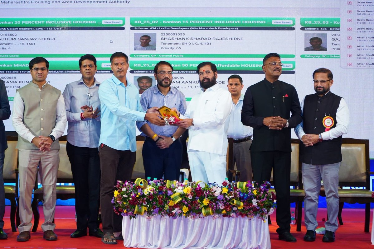 mieknathshinde's tweet image. 📍 #ठाणे |
म्हाडाच्या कोकण मंडळाच्या ५,३५४ घरे व ७७ भूखंडांची संगणकीय सोडत काढण्याचा कार्यक्रम आज ठाण्यातील डॉ.काशिनाथ घाणेकर नाट्यगृह येथे पार पडला.
म्हाडाच्या कोकण मंडळामार्फत ठाणे, ओरोस (सिंधुदुर्ग) आणि कुळगाव-बदलापूर येथे उभारण्यात आलेल्या घरांची आणि भूखंडांची ही सोडत…