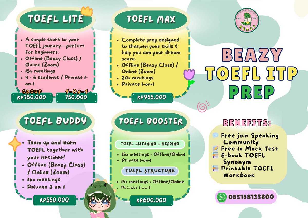 beazyclass's tweet image. ✨ hii guyss, KITA OPEN TOEFL CLASS LAGIIII 🥳  bingung belajar TOEFL tuh gimana? Yuk ke @beazyclass ‼️

Bisa Group / Private, hingga booster skill spesifik. 🎯 🧠 Belajar seruuuu dan asik! #zonauang