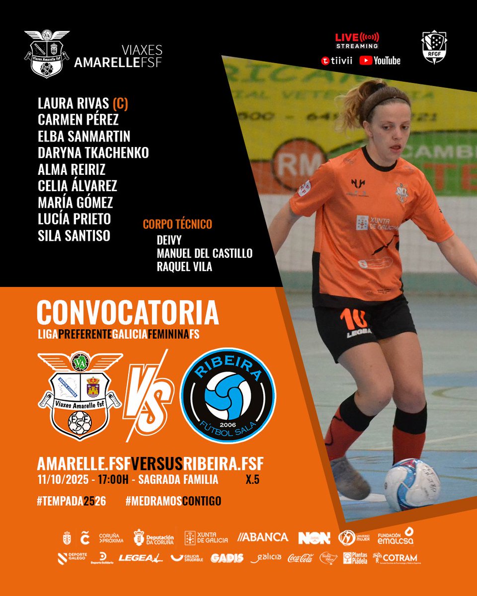 📋 Convocatoria | Xornada 5

O Amarelle FSF recibe este sábado ao Ribeira FSF 🏠

🕔 17:00h | 📍Sagrada Familia

📺 En directo en tiivii.gal ou 👉 youtube.com/live/IhWQefKsp…

#AmarelleFSF #PreferenteGaliciaFeminina #MedramosContigo