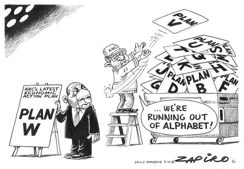 zapiro's tweet image. Zapiro cartoon published on @dailymaverick (9 October 2025) on On Repeat @CyrilRamaphosa @MYANC @MbalulaFikile - zapiro.com/251009dm