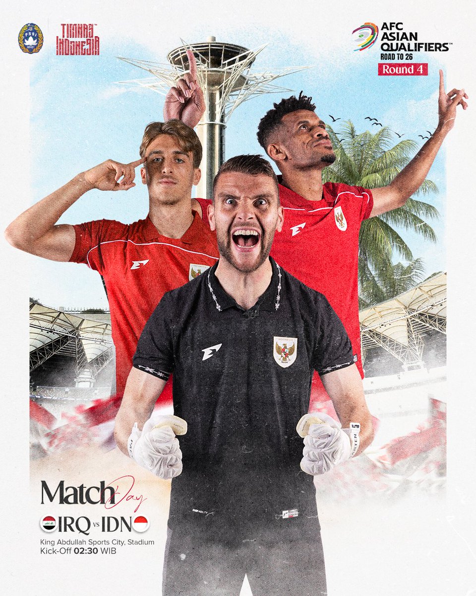 🇮🇩 𝐏𝐮𝐧𝐜𝐚𝐤 𝐏𝐞𝐫𝐣𝐮𝐚𝐧𝐠𝐚𝐧 Indonesia di 𝐑𝐨𝐮𝐧𝐝 𝟒 👊

𝓿𝓼 Irak
⏰ 𝐌𝐈𝐍𝐆𝐆𝐔 | 12 Okt 02.30 WIB
🏟️ King Abdullah Sports City
🌏 #AsianQualifiers Road to 26

‣ #TimnasDay ‣ #GarudaMendunia