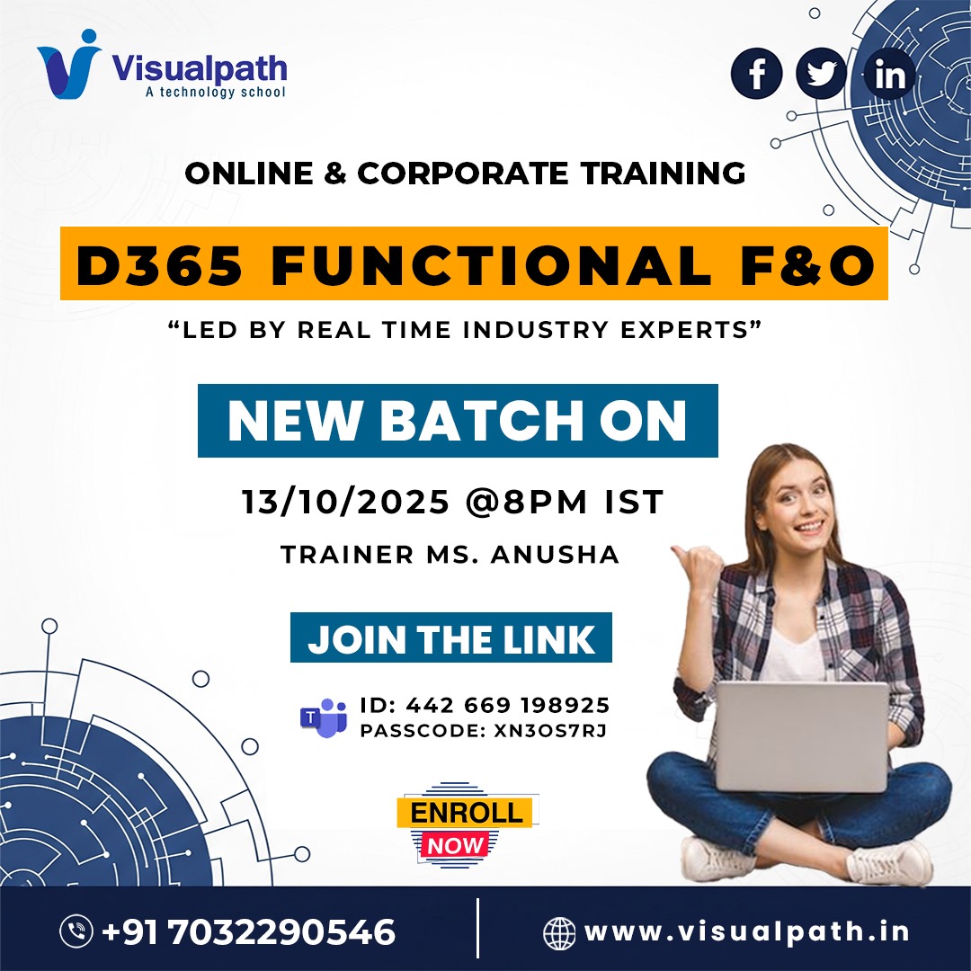 VisualpathPro's tweet image. 🚀 Empower Your Career with Dynamics 365 F&O!
📅 𝗗𝗮𝘁𝗲 & 𝗧𝗶𝗺𝗲: 13/10/2025 @ 8 PM IST
🔗 𝗠𝗲𝗲𝘁𝗶𝗻𝗴 𝗟𝗶𝗻𝗸: bit.ly/43emYtw
🆔 𝗠𝗲𝗲𝘁𝗶𝗻𝗴 𝗜𝗗: 442 669 198925 | 🔑 Passcode: xN3os7Rj
📞 𝗖𝗮𝗹𝗹/𝗪𝗵𝗮𝘁𝘀𝗔𝗽𝗽: wa.me/c/917032290546