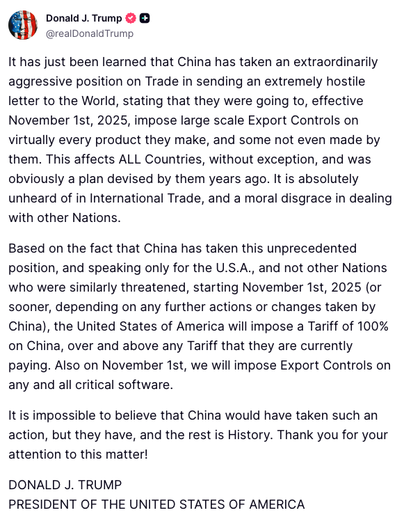 Number47DJT's tweet photo. President Trump comments on China taking aggressive position on trade.

"The United States of America will impose a Tariff of 100% on China" https://t.co/d4LsaUqbku