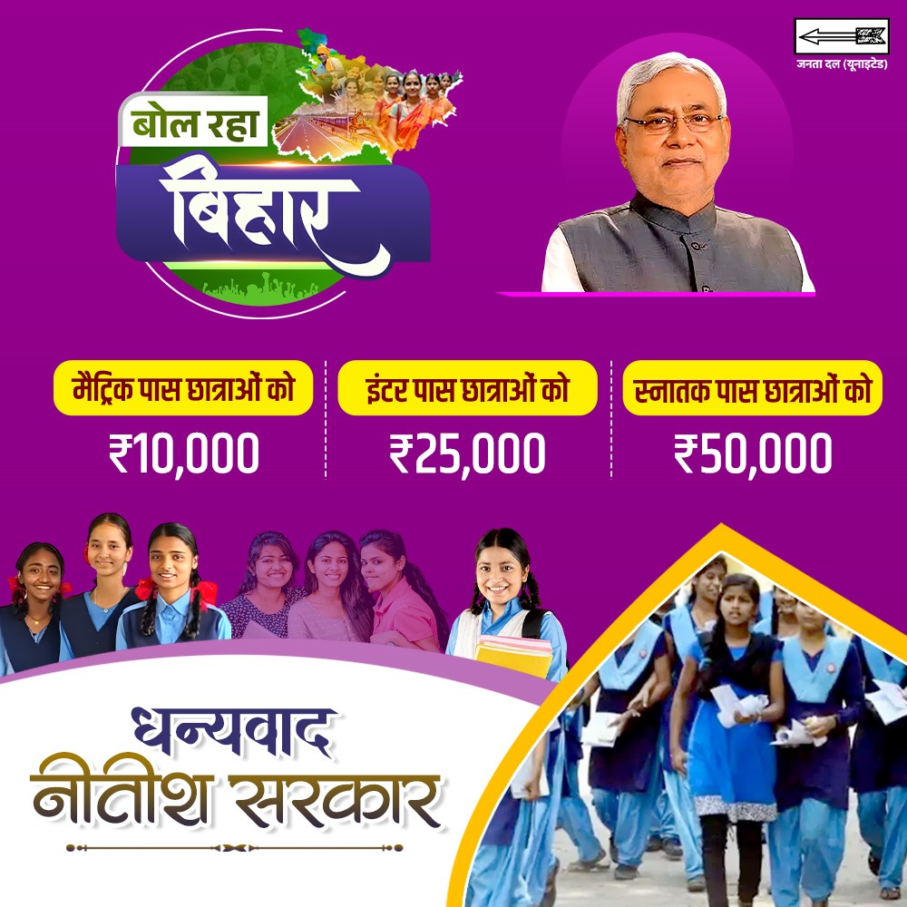 CMBiharNK's tweet image. सरकार ने बेटियों की पढ़ाई को दिया सम्मान, मैट्रिक से स्नातक तक आर्थिक संबल के साथ।

#Bihar #NitishKumar #CMBiharNitishKumar
#25Se30FirSeNitish