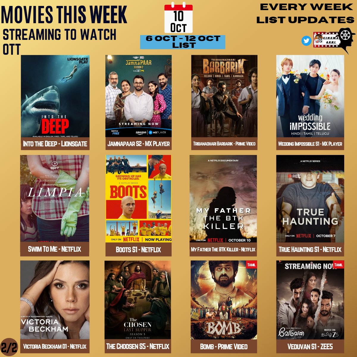CinemaAbhiHindi's tweet photo. This Week Streaming OTT List ๐คฉ
#TribhanadhariBarbarik Film - Prime Video
#WeddingImpossible S1 - MX Player
#Bomb Movie - Prime Video (Tamil)
#Veduvan Season 1 - ZEE5 (Tamil)
Netflix
#Boots S1
#SwimToMe
#TrueHaunting S1
My Father The BTK Killer
Victoria Beckham
The Chosen S5 https://t.co/U4ZDkLZBew