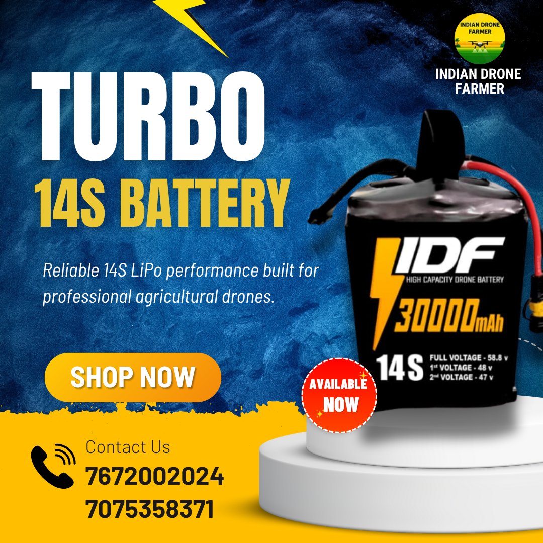 IndDroneFarmer's tweet photo. 🚀Unleash the Power of #Turbo 14S!
More flight time⚡More efficiency🌾More productivity🚁
The Turbo 14S 30000mAh #LiPobattery is built for serious #AgriDrone performance — reliable, powerful & field-ready.
#dronebattery #smartbattery #dronepower #farming #dronespraying #drone https://t.co/QWKo7yCC3l