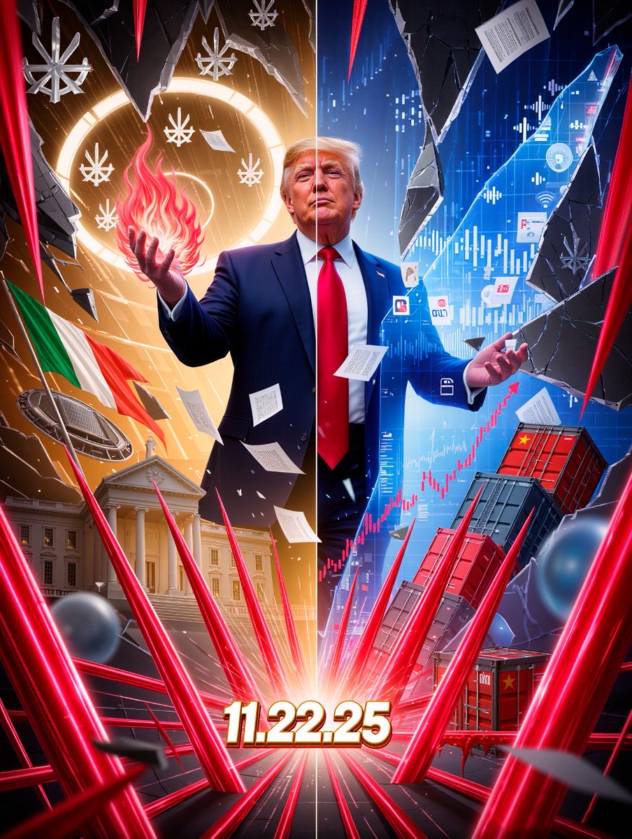 PortalNode's tweet image. Trump’s White House announcement echoes, federal layoffs cascade, China tariffs spike 100%—stock dip, Italian pacts form. Parallel empires shift: tariffs or trade? 11.22.25 seals the surge. Witness the shift: opensea.io/collection/por…