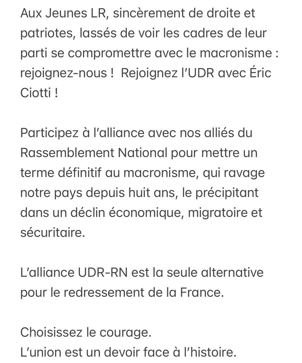 Aux Jeunes LR, revenez à la maison gaulliste ! 

Rejoignez-nous avec <a href="/eciotti/">Eric Ciotti</a> et <a href="/partiudr/">UDR</a> ! 

L’alliance UDR-RN est la seule alternative pour mettre fin au macronisme et redresser notre pays. 

Choisissez le courage. Choisissez la France.