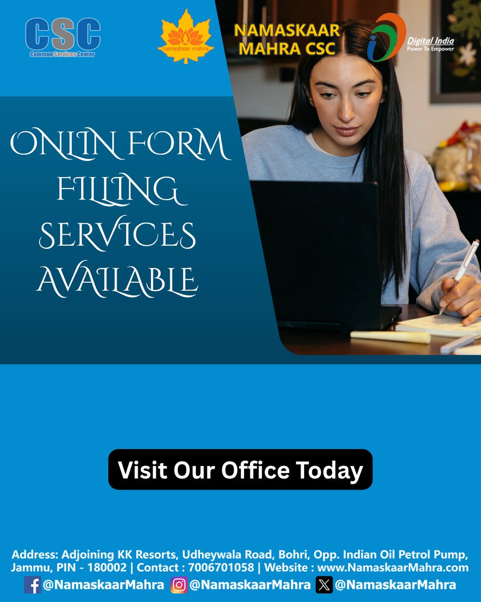 NamaskaarMahra's tweet image. Online forms Filling Services Available 

Namaskaar Mahra CSC
Contact : 7006701058
namaskaarmahra.com
Address: Adjoining KK Resorts, Udheywala Road, Bohri,
Opp. Indian Oil Petrol Pump, Jammu, 180002

#NamaskaarMahra #CSC #CSCJammu  #TataCroma #Croma #tata