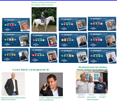 Déjà 1 mois ou de très bons Turfistes ayant souvent remporté les duels télévisés ont rejoint <a href="/MonQuinte/">Le défi quotidien</a> après l'arrêt de <a href="/DirectQuinte/">DirectQuinté</a> !
Merci à vous toutes et à vous tous 🙏 
Sur la photo ci-dessous les personnes parmi celles qui nous ont déjà rejoint !
Bons pronos en vous
