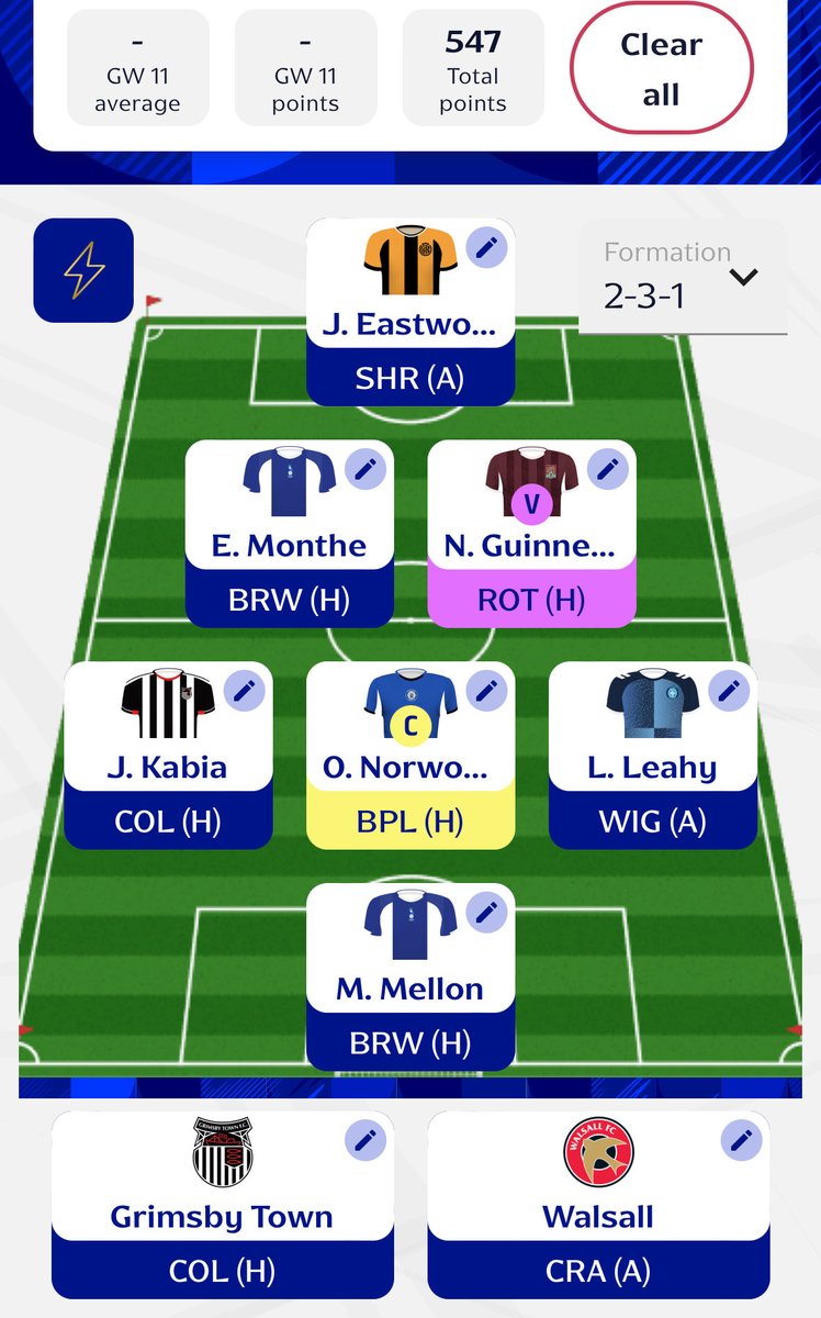 🫡#FantasyEFL GW11 team reveal!

🌍12k

🧢Norwood

🧱Fingers crossed for a Nesta start!

🪑Finally got a Wycombe player back, come on Leahy 🙏

🤣Kabia in for Ashley, a fairly last min call but it’s way more fun… we know what happens here!

🤝Good luck everyone!

#FEFL