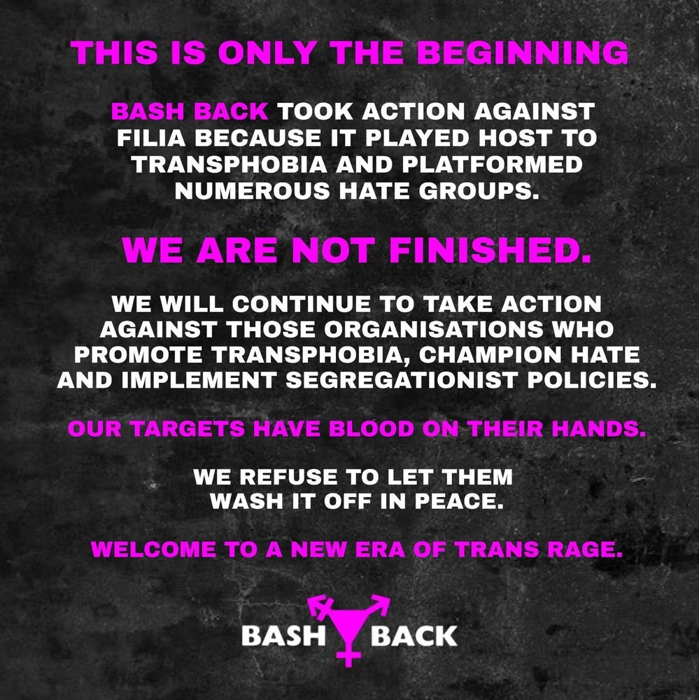 TransBashBack's tweet image. FILIA WAS JUST THE START

AS TRANS YOUTH TAKE THEIR OWN LIVES, AS WE FACE ABUSE BY POLICE, PRISONS AND HEALTHCARE SERVICES, AS WE FIGHT FOR OUR SAFETY AND DIGNITY, WE DEMAND NOTHING SHORT OF TOTAL LIBERATION.