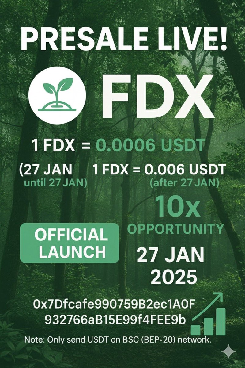 Fidextokens's tweet photo. 🚀 $FDX PRESALE IS LIVE!
Buy early, multiply your gains! 💎
Current price: 0.0006 USDT — Launch target: 0.06 USDT 🔥
That’s a 100× potential!

👉 Buy now: https://t.co/DJfV4KDja0

💬 Telegram: https://t.co/xBaofwEHYl

#FDX #Presale #Crypto #BSC #FideX #Web3 #BNB  #Altcoin #100x https://t.co/QIa8InTtRa