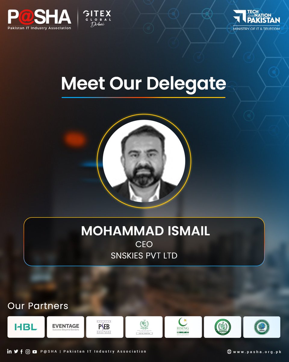 PASHAORG's tweet image. Meet Our Delegate!

Representing Pakistan at GITEX Global 2025, Mohammad Ismail, CEO of SNSkies Pvt Ltd, joins the P@SHA delegation to showcase innovation and excellence in technology. 🇵🇰

#PASHAatGITEX #GITEXGlobal #TechDestinationPakistan #PakistanIT