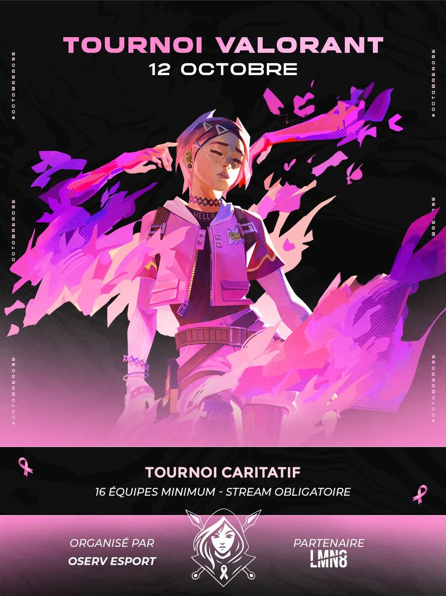 Je vous annonce que je participe pour l'octobre rose au tournoi ValoRose avec la <a href="/Team_Pond_/">Team Pond</a> ! 

Venez dimanche dès 10 heures du matin sur mon stream (et sur celui de tous les copains qui stream) et faites des dons ! 🩷🩷