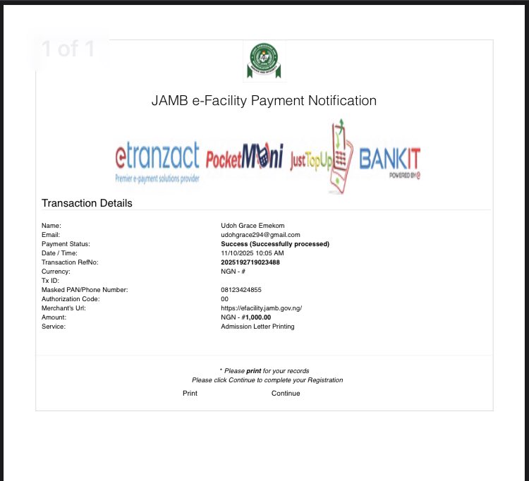 justt_grays's tweet photo. @JAMBHQ 

Dear JAMB HQ, I'm writing to report an issue with printing my admission letter. Although I was debited, I was redirected to a blank page. Please assist me with this matter. I've included the transaction receipt below. Thank you. https://t.co/WocqVaKfxy
